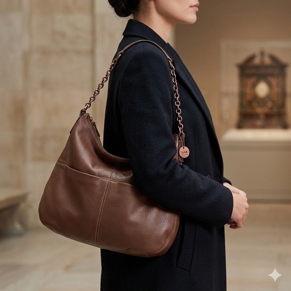 The Sak Original Brown Pebbled Leather Hobo Shoulder Bag Copper Chain Strap
